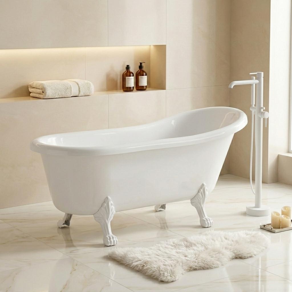 Retro-Freistehende Badewanne 170 x 70 cm - Chrom-Siphon + 4 weiße Löwenfüße - Leona