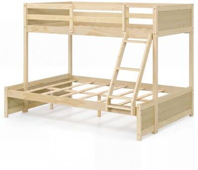 Costway Twin Over Full Bunk Bed with 3-Step Ladder and Full-Length Guardrails-Natural
