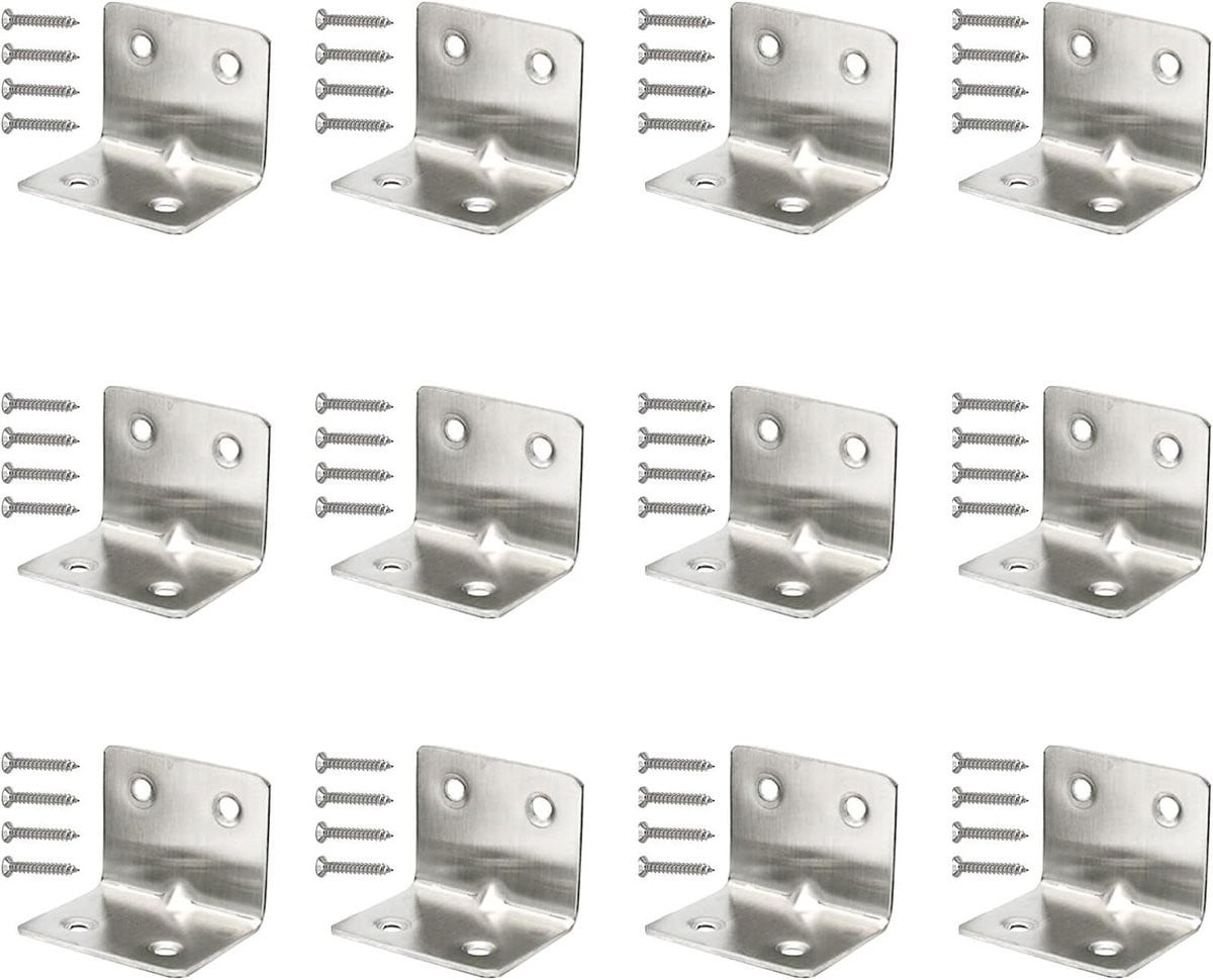 Set van 12 zilverkleurige metalen hoekverbinders van roestvrij staal voor het verstevigen van meubels, 38mm