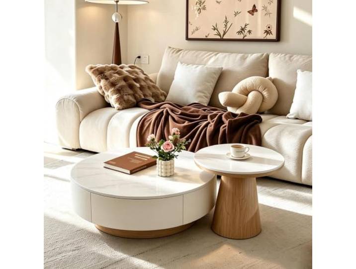 Runder Couchtisch Nesting‑Set, minimalistischer Holztisch mit Stauraum Nesting‑Couchtisch, Sinterstein‑Tischplatte, versteckte Aufbewahrungsschubladen(A,27.6x13.0+19.7x17.7in(1 Drawer))