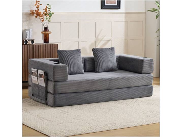 WOVREO canapé lit de sol convertible 185 x 92 5 x 60 cm en corduroy gris foncé avec porte-gobelet