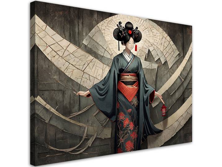 Feeby Leinwandbild Geisha 100x70cm, Grau, Orientalisch, Rechteckig, 100x70 cm, Bilder & Rahmen, Bilder, Leinwandbilder