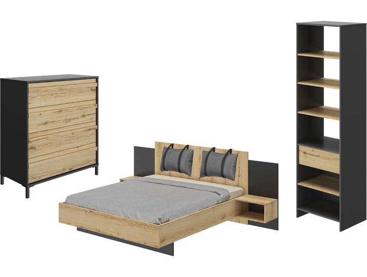 Schlafzimmer-Set GAMI Mimizan , braun (schwarz – eiche helvezia), B/H: 160cm x 200cm, Schlafzimmermöbel-Sets
