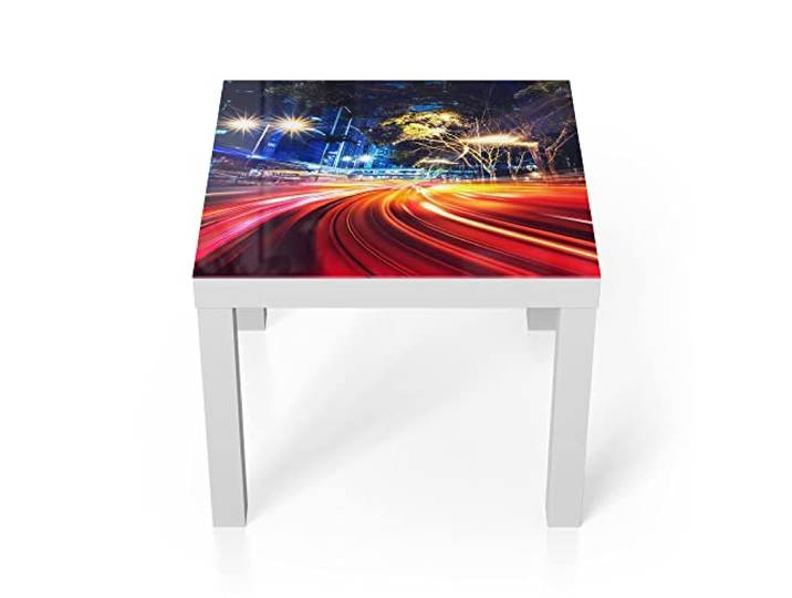 DEQORI Glastisch weiß klein 55x55 cm Motiv Nächtlicher Stadtverkehr ausgefallener Beistelltisch aus Glas Hochglanz Couchtisch fürs Wohnzimmer moderner Couch Tisch mit Design