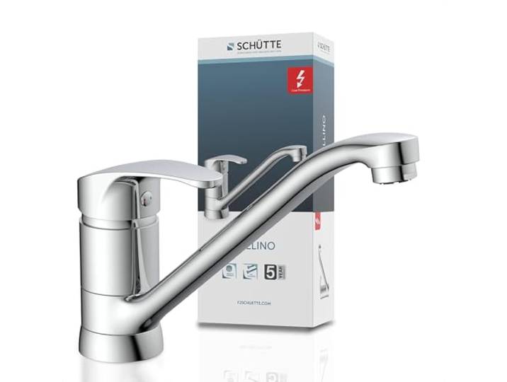 SCHÜTTE 35490 CELLINO Niederdruck-Küchenarmatur 360° schwenkbar, Wasserhahn für die Küche mit Anti-Nachlauf-Funktion, Mischbatterie mit Einhebelmischer, Spültischarmatur, Chrom