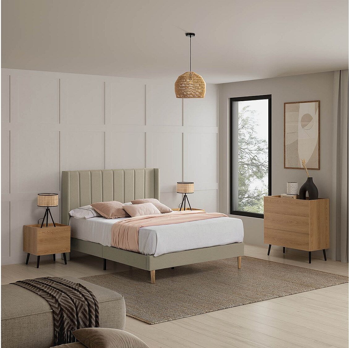 VS Venta-stock Estructura de cama tapizada Noelia de 30 cm, 150x190 cm, Beige