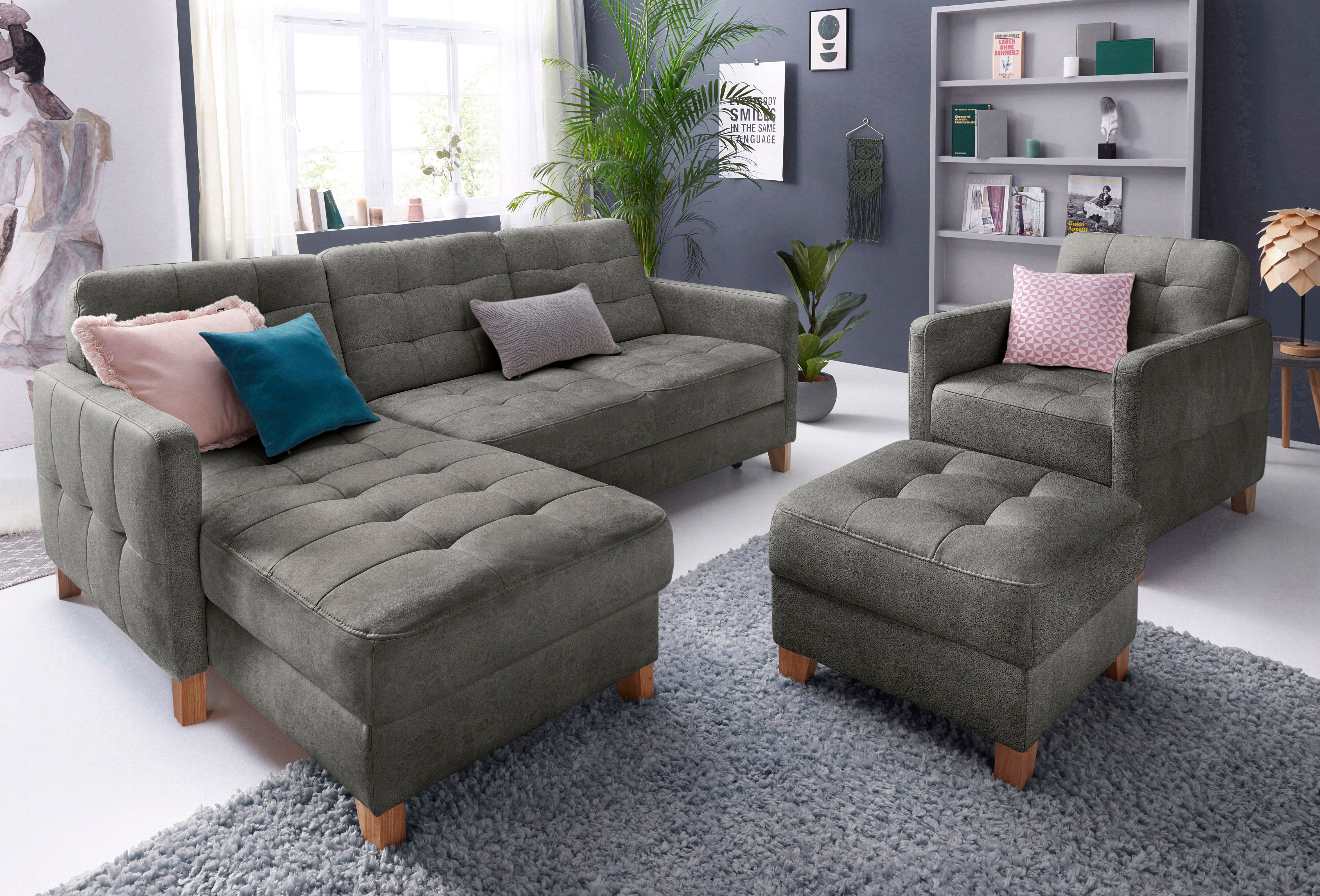 Ecksofa EXXPO - SOFA FASHION "Elio, kompakt, bequem & zeitloses Design, Breite 217cm, L-Form", grau (anthrazit), B:217cm T:157cm, Luxus-Kunstleder;NaturLEDER (echtes Rindsleder) in Sitz und Rücken. Korpus in passendem Kunstleder SOFTLUX bezogen, Sofas, Ec