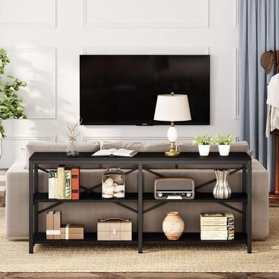 Jiallo "70.9"" Black 3-Tier Industrial Console Table, Extra Long Sofa Table with X-Back Design and Storage Shelves"