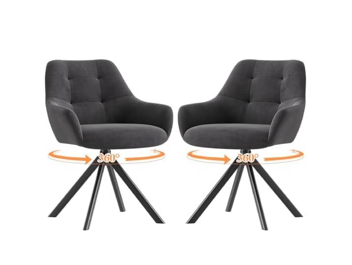MALOL Drehbare Esszimmerstühle 2er Set, 360° Drehbare Armlehnstühle mit weichem Florstoff & Metallgestell, Bequeme Esszimmerstühle Drehbar mit Rückenlehne für Küche, Esszimmer, Büro, Grau
