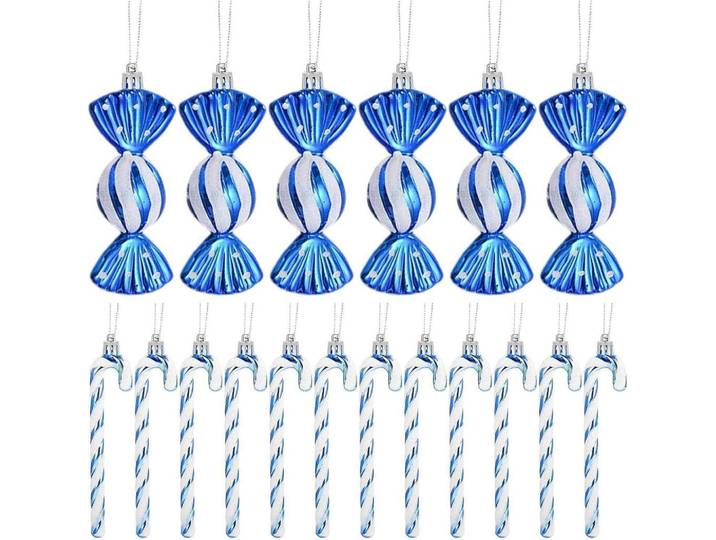 Weihnachtsbaumschmuck 18-teiliges Set Zuckerstangen & Kugeln Blau & Weiß, Kunststoff, 5x1x14 cm, Dekoration, Weihnachtsdekoration, Christbaumschmuck