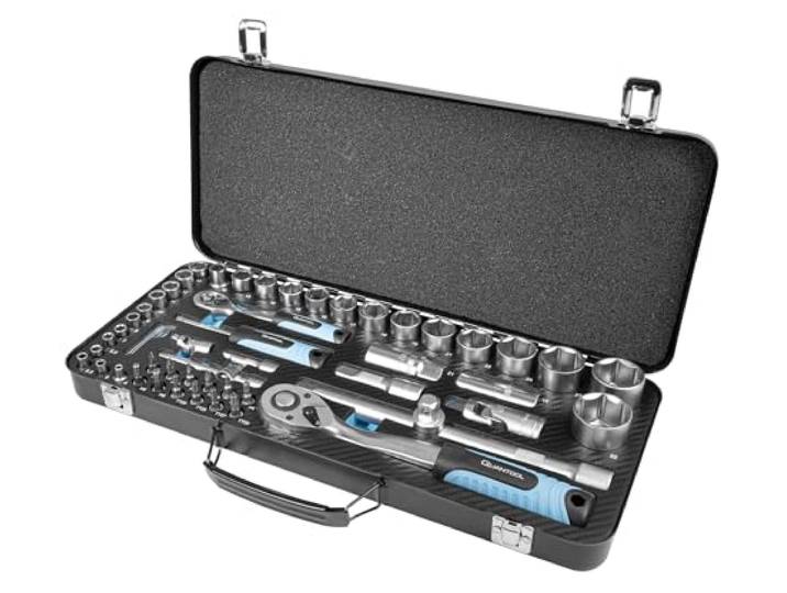 Quantool Steckschlüssel-Bitsatz 56-teilig - in robuster Metallkassette - Umschaltknarren, Einsätze 1/4 , 1/2 , Winkelschraubendreher aus CrV-Stahl - für Heimwerker, Werkstatt und Kfz-Arbeiten - Q25010