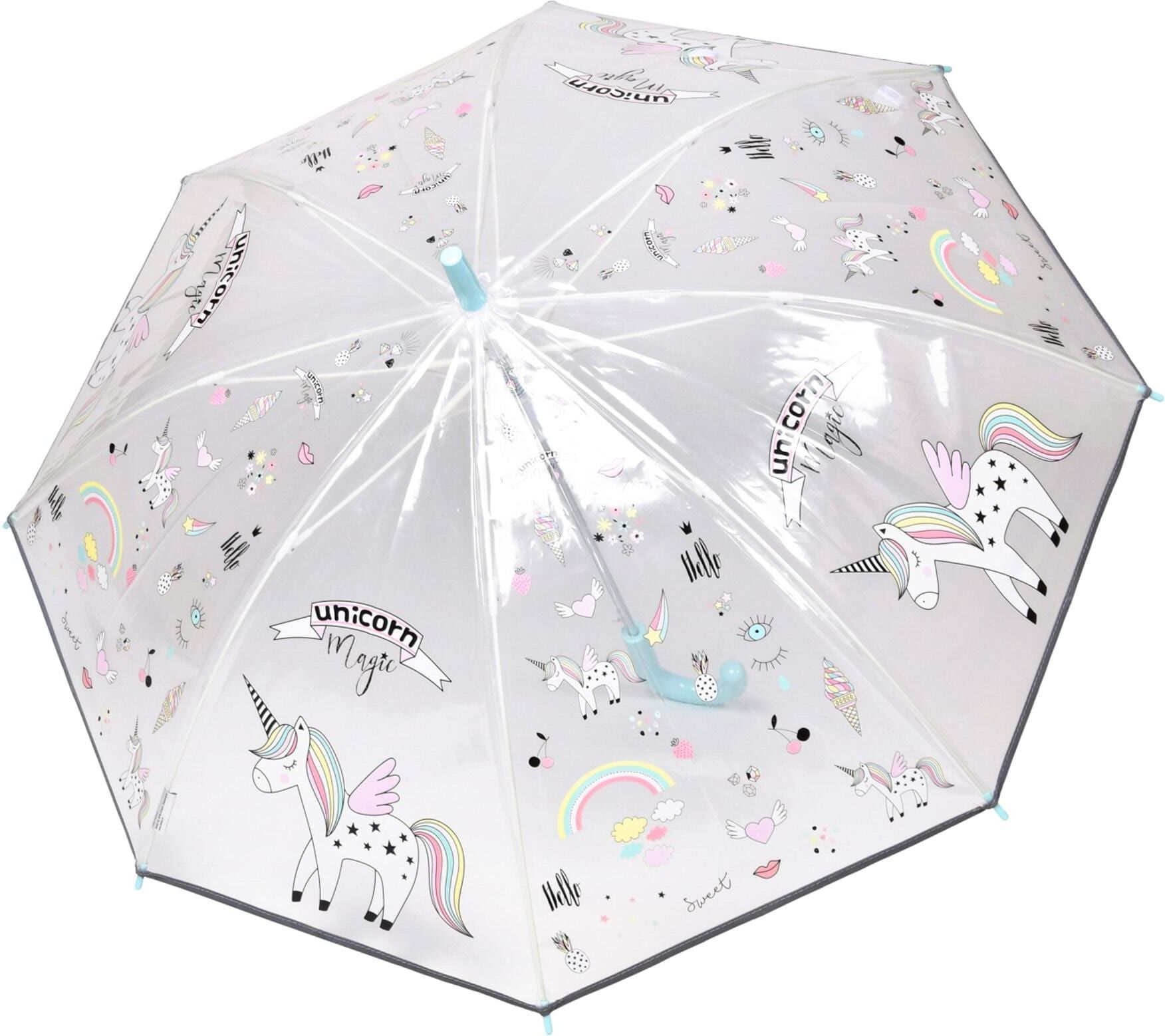 Stockregenschirm "STROTZ Mia Matic Reflect Unicorn", Damen, weiss (transparent, weiß), Regenschirme Stockregenschirm transparent, weiß Einheitsgröße
