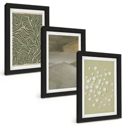 BILDER SET 3er Set - 20x30 cm Schwarzer Rahmen - Abstrakte florale Wellenmuster
