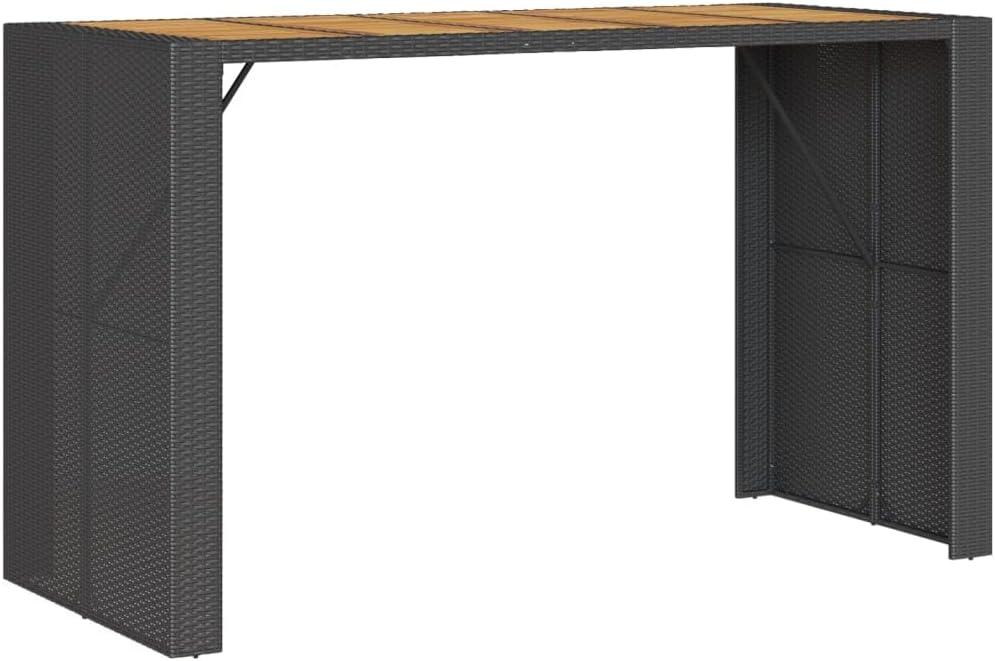 Schwarzer Polyrattan-Bartisch mit Akazienholzplatte, 185x80x110 cm, Gartentisch für die Terrasse
