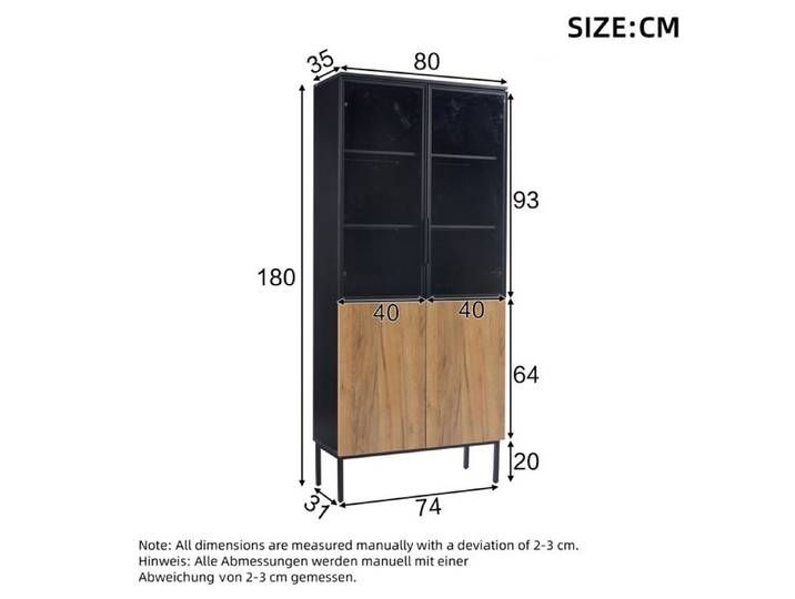 Vitrine LED en verre 74x31x180 cm 4 portes étagères réglables meuble vitrine noir et chêne FOLYNA