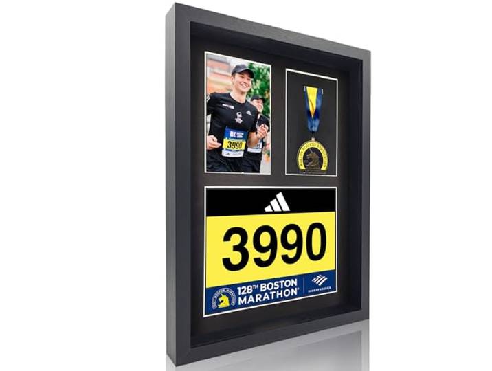 MedalAwardsRack 3-in-1-Schattenbox-Schaukasten, Medaille, Renn-Startnummer und Fotokasten, Halterung und Rahmen für Marathon-/Triathlon-/Lauf-Startnummern, Wandmontage, gehärtetes Glas, schwarz