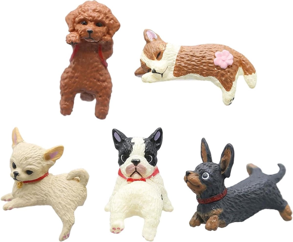 Set van 5 Multicolor Mini Honden Beeldjes voor Computer Decoratie en Werkplek Decoratie