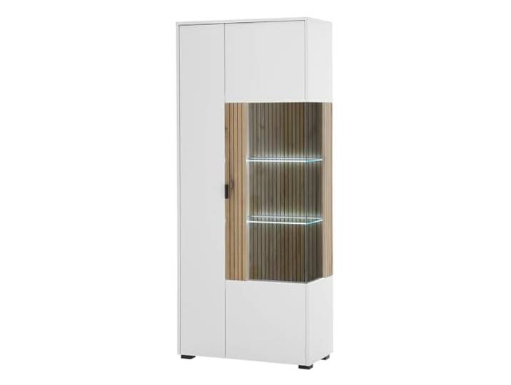 Lomadox Vitrinenschrank Vitrine Standvitrine Glasvitrine LED Beleuchtung Glasböden weiß matt Eiche Rillen 75x180x38 cm