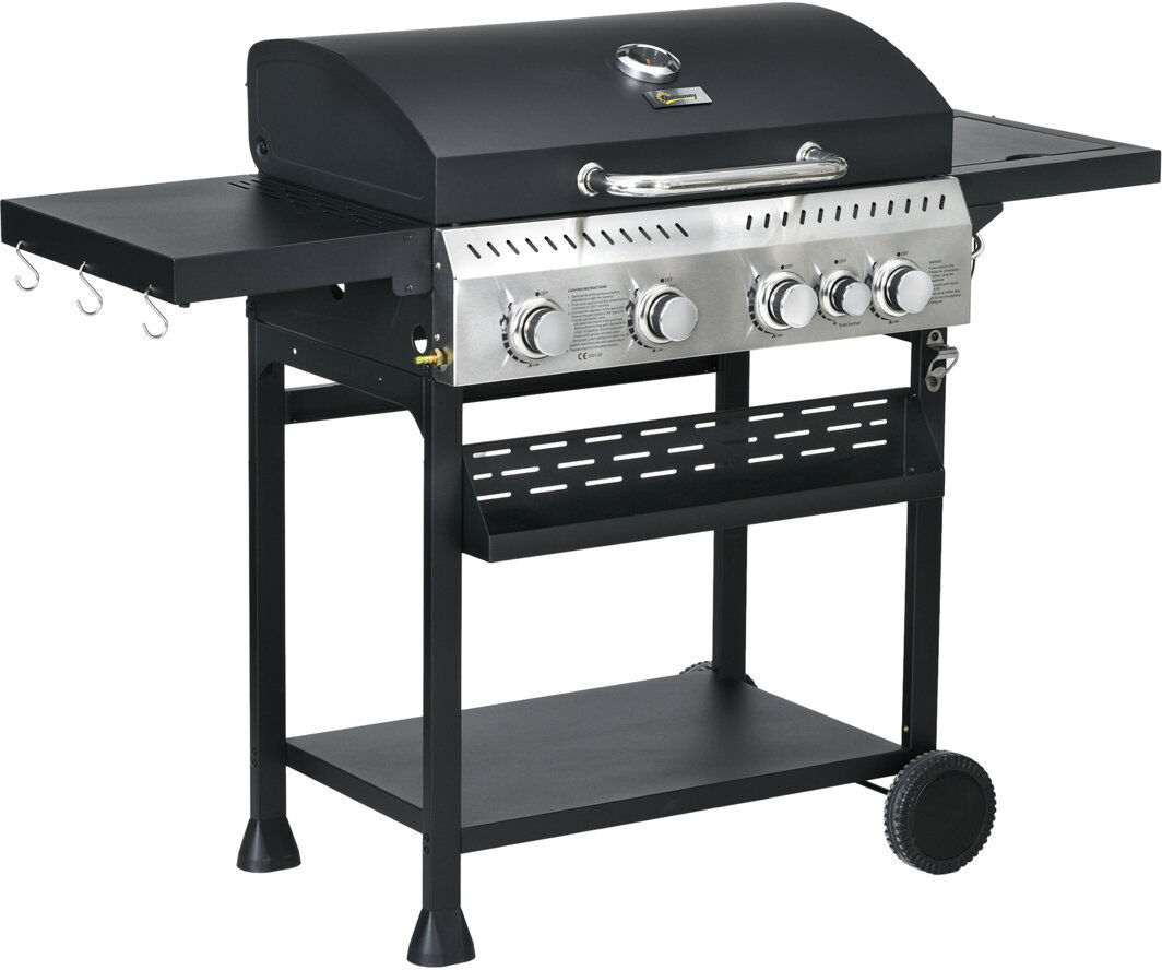 Outsunny 4+1 Gas Burner Grill 12.5 kW with Wheels Warming Rack Black Matte Black;Stainless Steel 4