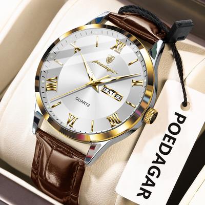 Youfap Market Luxury Business Wristwatch For Men, Date Week Leather Quartz Male Watch, Waterproof Luminous Fashion Men Watches gold White