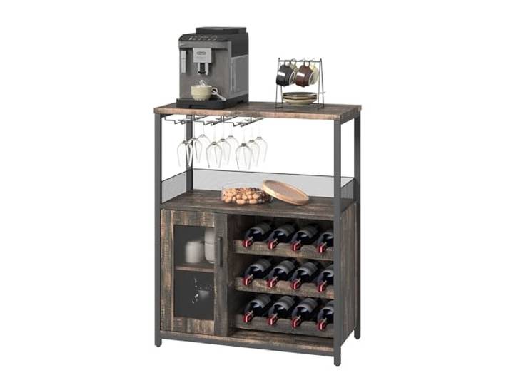 GarveeHome Weinschrank Industrial Mit Verstellbarem Weinregal Und Glashalter, Getränkeaufbewahrung Für Küche, Esszimmer Und Wohnzimmer, Feuerverbrannt, 69×35×92 cm