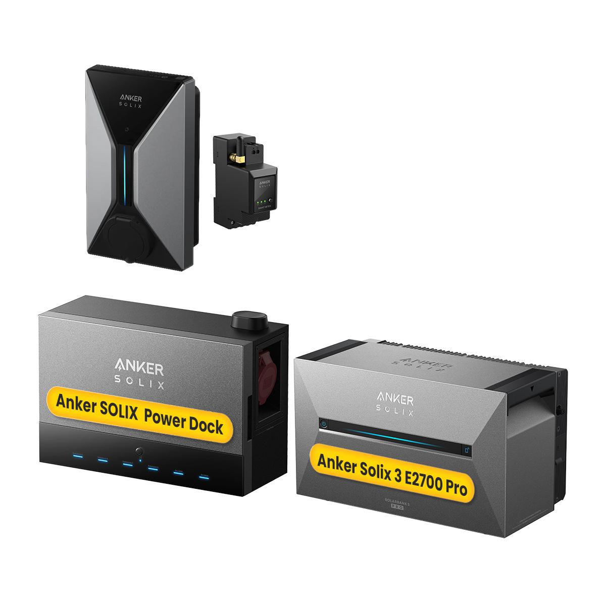 Balkonkraftwerk Speicher, Anker SOLIX Solarbank Power Dock mit SOLIX 3 E2700 Pro & V1 Smartes Ladegerät 22kW für E-Autos Inkl. Smart Zähler (0% MwSt)