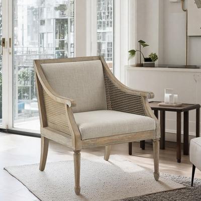 "29"" Polyester Accent Armchair with Cane Webbing Arms and Turned Front Legs and Solid Wood Frame"