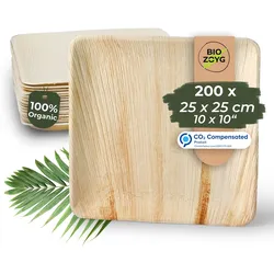 BIOZOYG 200 Stück Einwegteller 25x25cm Palmblatt-Teller, quadratisch, biologisch abbaubar, umweltfreundlich, kompostierbar, Wegwerfteller