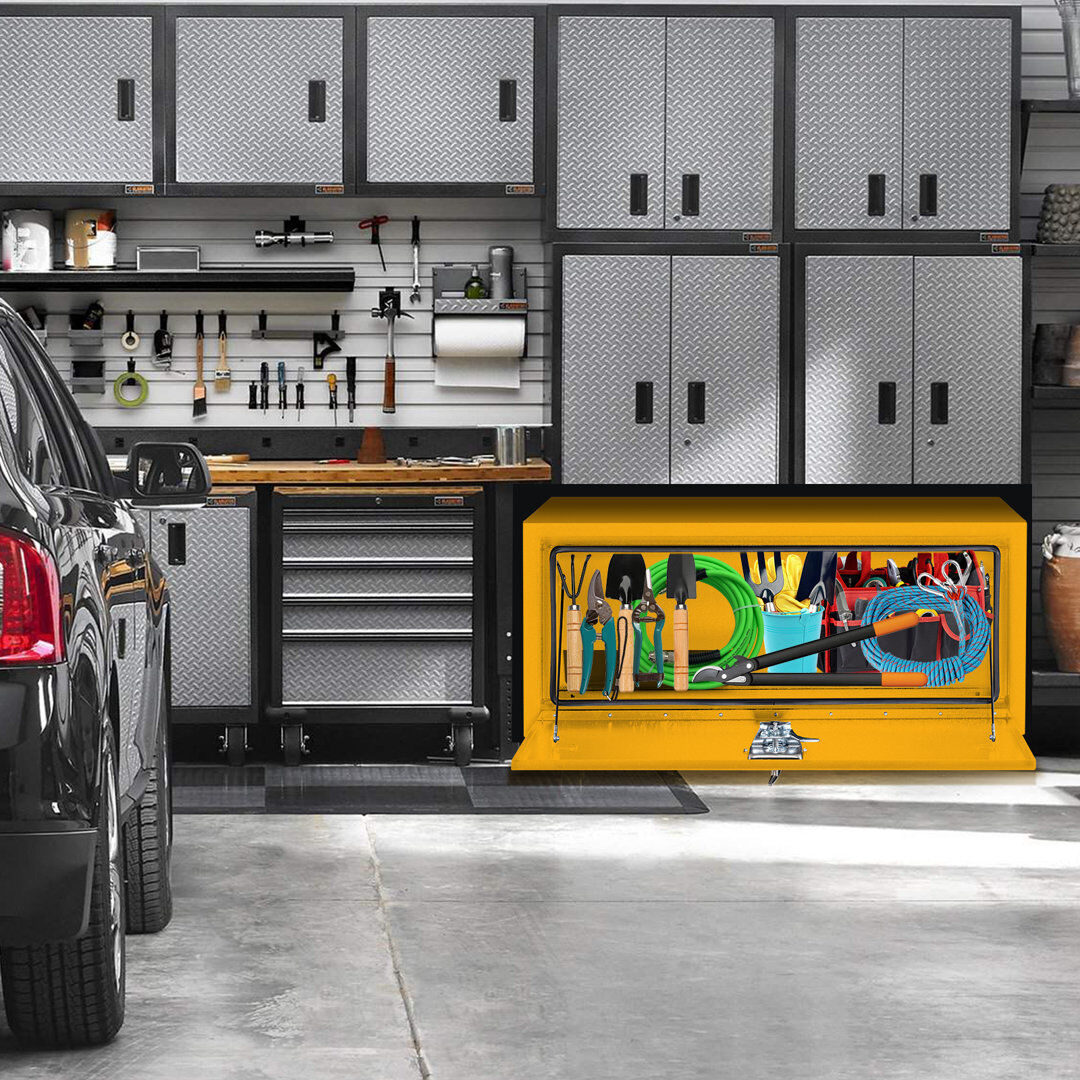 Rebrilliant Steel Underbody Truck Tool Box with T-Handle Lock, Heavy-Duty Storage Organiser for Pickup Truck Bed, RV or Trailer Yellow 60.96*35.56*40.64cm