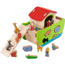 Steckspiel Arche Noah - Motorikspielzeug Holzschiff - Für Kleinkinder ab 1 Jahr - Fördert Hand-Auge-Koordination - 21-teilig - 16 Steckfiguren - 14x26x19cm