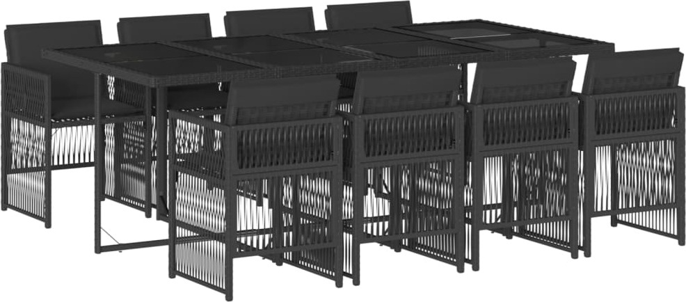 Garten-Essgruppe 9-tlg., platzsparend, Poly Rattan & Hartglas, mit 8 Stühlen & Kissen, UV-beständig, Schwarz, 220x106x73 cm
