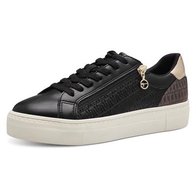 Plateausneaker TAMARIS, Damen, Gr. 36, gold (schwarz, gold), Lederimitat, Textil, gemustert, gepflegt, kontrastfarbene Details, Schuhe Plateausneaker, Freizeitschuh, Halbschuh, Schnürer mit Besätzen und Glitzerdetails