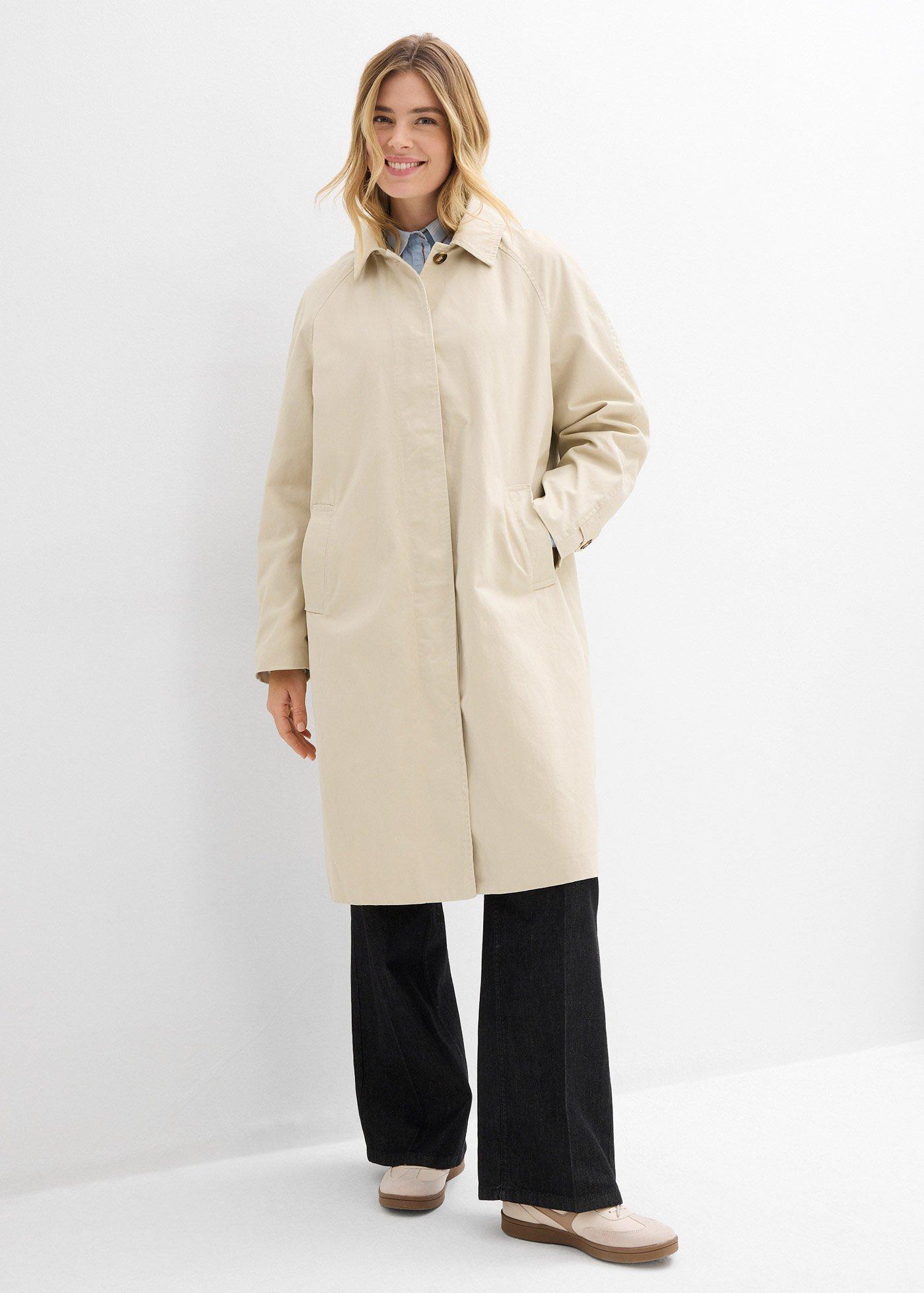 bonprix Einreihiger Trenchcoat, beige, Gr.46, Einreihiger Trenchcoat mit verdeckter Knopfleiste und zwei Leistentaschen vorne, 100% Baumwolle
