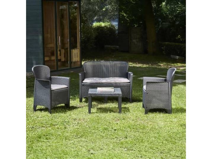 Dmora - Set salon d'extérieur Ostuni\, Salon de jardin composé de 2 fauteuils\, 1 canapé et 1 table basse\, Coin salon effet rotin avec coussins\, 100% Made in Italy\, Anthracite