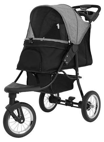 Faltbarer 3 Rad Buggy für Haustiere | Grau | Reise Jogger kleine bis mittelgroße Hunde Katzen bis 22kg | 3 schlauchlose Räder Netzbelüftung Korb Getränkehalter Caddy-Tasche Regenschutz