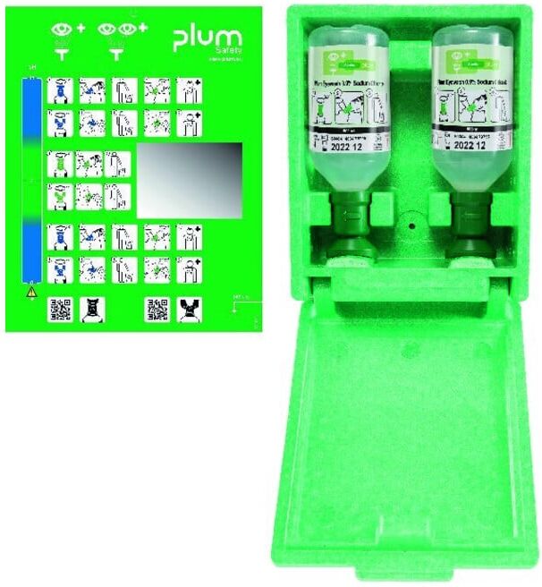 PLUM Station de rinçage oculaire, incl. 2 flacons 500 ml, panneau mural, miroir (5715205465015)