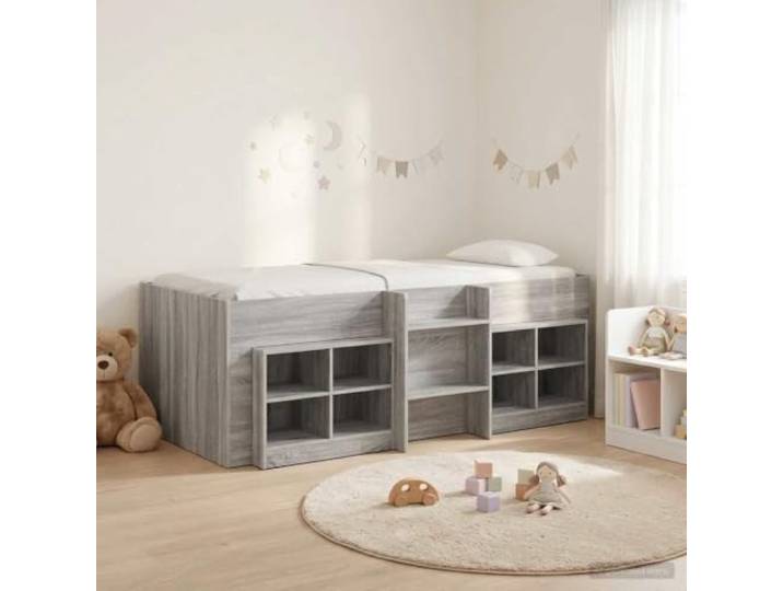 RJPLMFV Loft-Bettgestell mit Schrank mit Regal, 3-teilig, Sonoma, Grau Langlebiges Holzwerkstoff, integrierte Leiter, Lattenrost inklusive, praktische Aufbewahrung