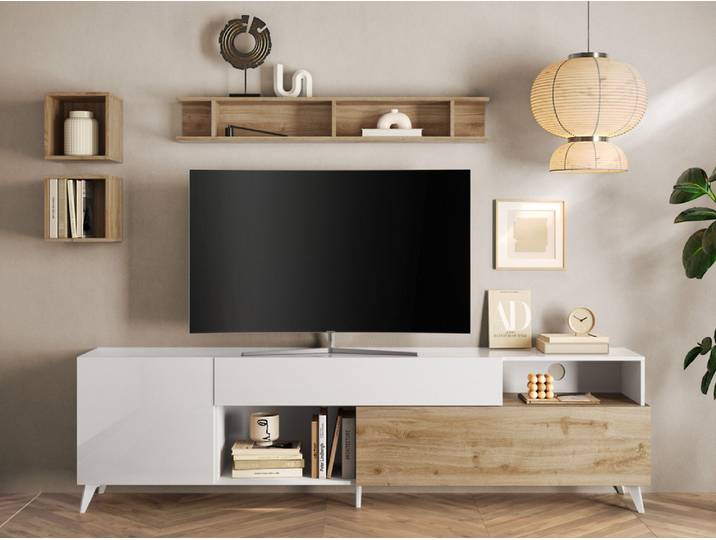 Meuble tv Monaco blanc brillant/chene - Basika