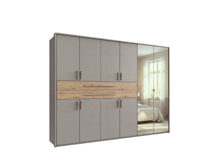 Drehtürenschrank Kleiderschrank 273 cm Sandgrau Passepartout Spiegel Eiche Artisan / 22650
