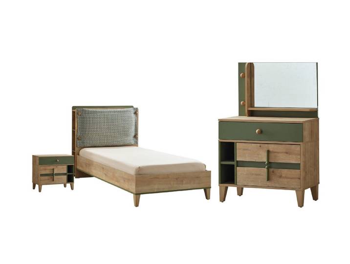 Villa Möbel Jugendzimmer-Set Calvion, (Jugendzimmer-Set, 3-tlg., Bett mit Kopfteil, 1 x Nachttisch und Kommode), Bett Schreibtisch Schrank mit grüner Holzoptik und Stauraum