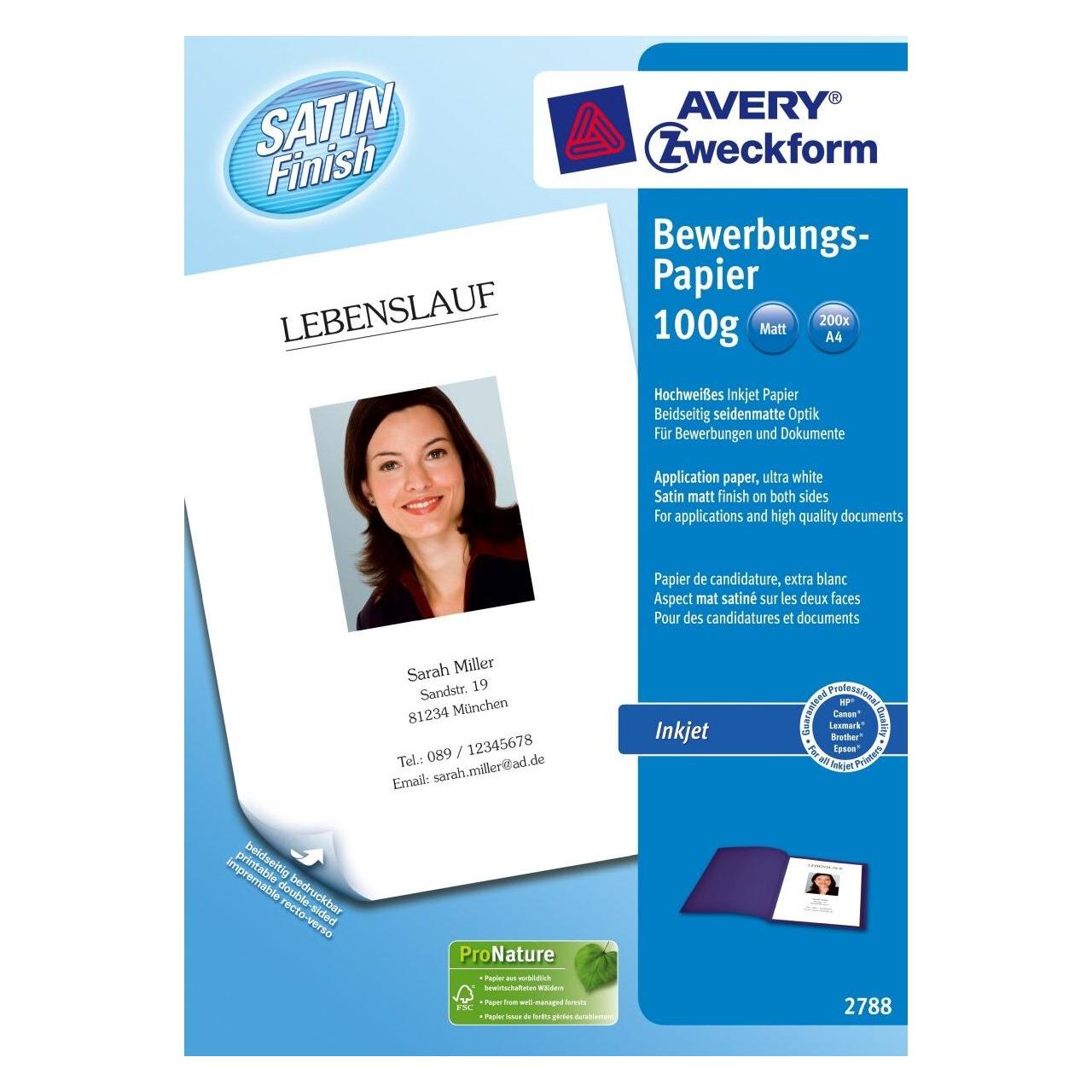 Avery Inkjet-Bewerbungspapier, 200 Blatt (A4, 200 Blätter, 100 g/m²) (2788)