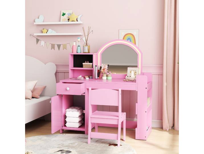 AIYAPLAY Coiffeuse Enfant Rose avec Tabouret et Miroir LED