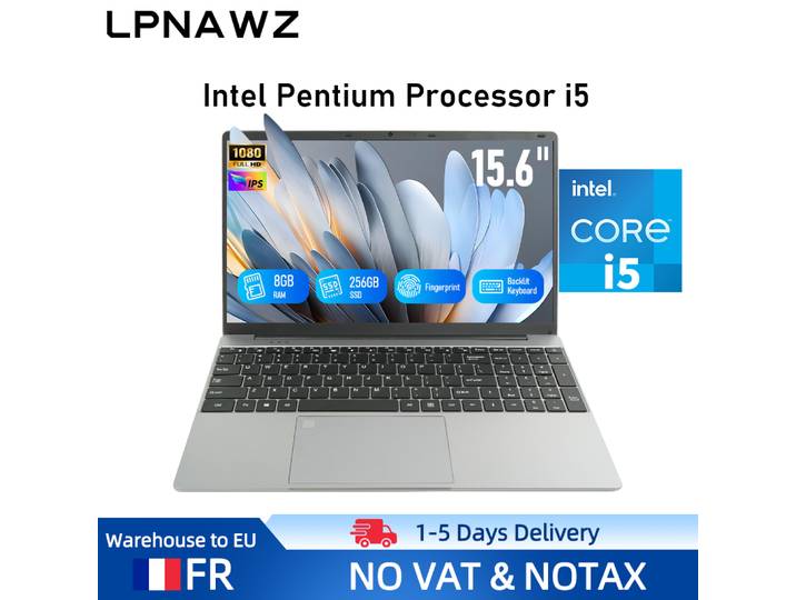 PC portable 15,6 pouces FHD gris - Intel Core i5, 8 Go de RAM, 256 Go de SSD Windows 11 préinstallé Clavier AZERTY (Protection incluse) Ordinateur pour l'étude, le travail, le streaming et