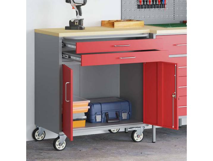 vidaXL Trolley Rolling Workbench Mit Rad Rot und Grau 75 x 45 x 85 cm