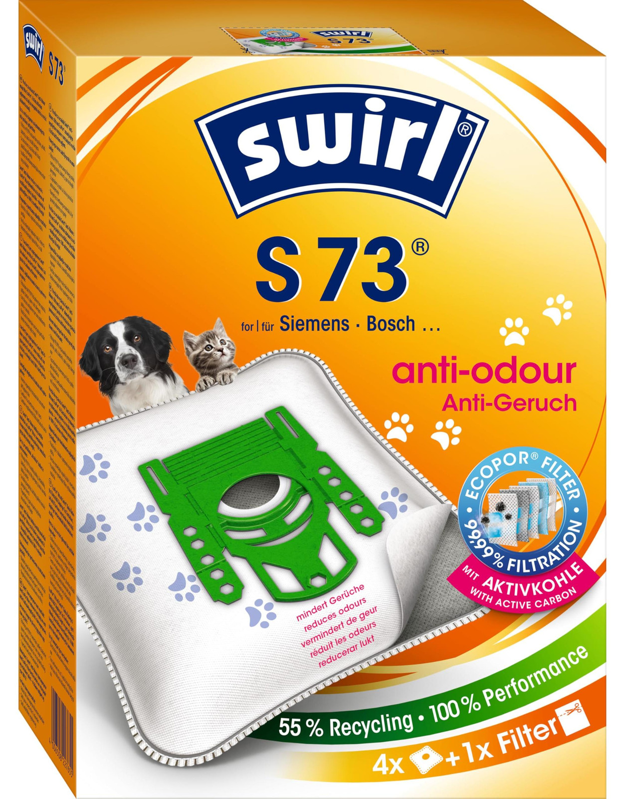 Swirl stofzuigerzakken S 73 Anti Odour, oranje – voordeelverpakking van 3 stuks