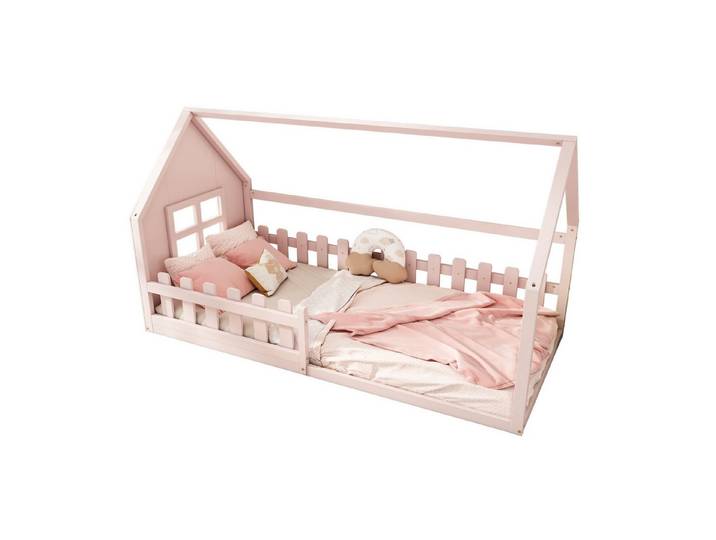 Odikalo Kinderbett Himmelbett Flachbett Hausleiste Grün/Weiß/Rosa 90*200cm
