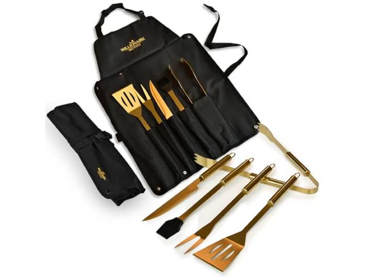 Mikamax - Millionaire BBQ Tools - Gouden BBQ Tools - Barbecue Accessoire Set - 5 Delige BBQ Set - Incl. Meegeleverde Tas - Luxe BBQ - Hoge Kwaliteit Gouden BBQ Gereedschap Set