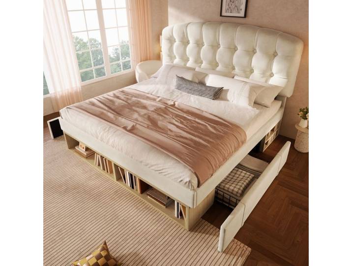 Lit Double Capitonné - avec Tiroirs et Bibliothèque - Design Moderne - 140x200cm - Beige - Lit Mi-Hauteur