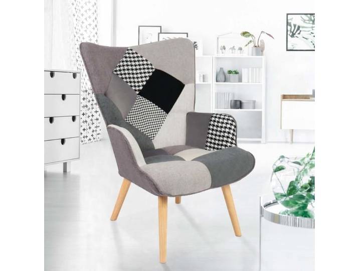 IDMARKET Fauteuil scandinave IVAR en tissu patchwork noir gris et blanc