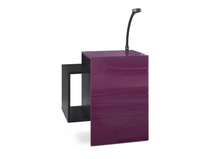 Vladon Nachttisch Queens (Nachttischschrank mit 2 Schubladen, und 1 seitlichem Fach zur Wandmontage), Schwarz matt/Brombeer Hochglanz inkl. LED Flexi Lampe (60x63x36 cm)